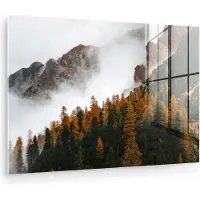 MuchoWow Glasschilderij 60x40 cm - Schilderij acrylglas - Berg - Mist - Bos - Foto op glas - Muurdecoratie woonkamer - Wanddecoratie slaapkamer - Schilderijen