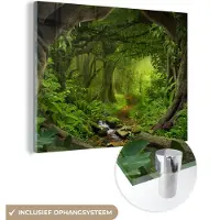 MuchoWow - Glasschilderij - Schilderij glas - Jungle - Rivier - Boom - Groen - Stenen - Foto op glas - Acrylglas - Schilderijen woonkamer - 40x30 cm - Wanddecoratie - Muurdecoratie
