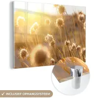 MuchoWow Glasschilderij 150x100 cm - Schilderij acrylglas - Planten - Natuur - Bloemen - Zon - Horizon - Foto op glas - Muurdecoratie woonkamer - Wanddecoratie slaapkamer - Schilderijen