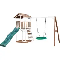 Axi Beach Tower Speeltoestel van hout in Bruin en Wit | Speeltoren met zandbak, nestschommel en groene Glijbaan | Speelhuis op palen voor de tuin