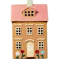 Ib Laursen - Keramieken huisje - Lichtbruin met bloemetjes, roze dak - Waxinelichthouder