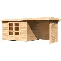 Karibu Woodfeeling tuinhuis Askola 5, geleverd als set met aanbouwdak. Breedte: 2,40 meter. Zij- en achterwand: onbehandeld hout, 19 mm dik. Artikelnummer: 77735