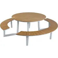 Axi Taco Ronde Picknicktafel met 2 banken in Wit & Teak-look voor 6 Personen | Picknick Tafel / Picnic Table Rond van Aluminium & Polywood | Set voor de tuin 200x190 cm