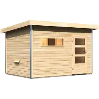 Karibu Holz tuinsauna / saunahuis "Skrollan 2", in natuurlijke staat, afmetingen 336 x 231 x 231 cm (breedte x diepte x hoogte), zonder oven, met deur van helder glas