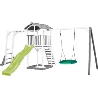 Axi Beach Tower Speeltoren met Klimrek en Summer Nestschommel Grijs/wit - Limoen groene glijbaan