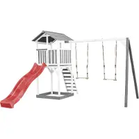 Axi Beach Tower Speeltoren met Dubbele Schommel Grijs/wit - Rode Glijbaan