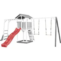 Axi Beach Tower Speeltoren met Klimrek en Dubbele Schommel Grijs/wit - Rode Glijbaan