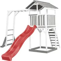 Axi Beach Tower Speeltoestel van hout in Grijs en Wit | Speeltoren met zandbak, klimrek en rode Glijbaan | Speelhuis op palen voor de tuin