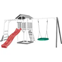 Axi Beach Tower Speeltoren met Klimrek en Summer Nestschommel Grijs/wit - Rode Glijbaan
