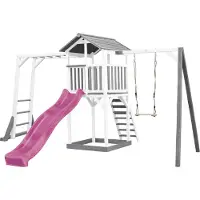 Axi Beach Tower Speeltoren met Klimrek en Enkele Schommel Grijs/wit - Paarse glijbaan