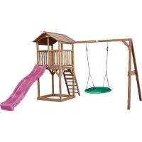 Axi Beach Tower Speeltoestel van hout in Bruin | Speeltoren met zandbak, nestschommel en paarse Glijbaan | Speelhuis op palen voor de tuin