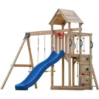 Axi Moos Compleet Speeltoestel met 2 Schommels, Touwladder | Speeltoren tuin met schommels/zandbak/klimmuur/Glijbaan Blauw | Speelhuis van hout op palen voor buiten