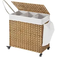 Hoppa! Songmics Wasmand, Handgeweven Wasmand, 140l Rotan-stijl Met 3 Compartimenten, Uitneembare Voering, Handgrepen, Deksel, Voor Woonkamer,