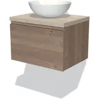 Maxaro Modulo Plato Badkamermeubel voor waskom | 60 cm Middenbruin eiken Greeploos front Lichtgrijs eiken blad 1 lade