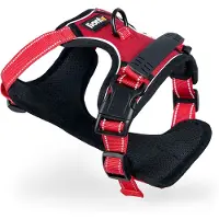 Lionto anti-trek hondenharnas, verstelbaar Y-harnas met borstlus, reflecterend en gevoerd, maat S, rood