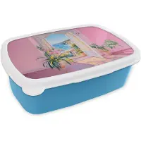 MuchoWow Broodtrommel Blauw - Lunchbox Roze - Buiten - Verf - Brooddoos 18x12x6 cm - Brood lunch box - Broodtrommels voor kinderen en volwassenen