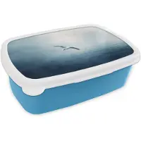 MuchoWow Broodtrommel Blauw - Lunchbox Meeuw - Wit - Zee - Mistig - Brooddoos 18x12x6 cm - Brood lunch box - Broodtrommels voor kinderen en volwassenen