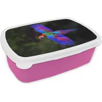 MuchoWow Broodtrommel Roze - Lunchbox Felgekleurd - Papegaai - Bos - Vleugels - Brooddoos 18x12x6 cm - Brood lunch box - Broodtrommels voor kinderen en volwassenen