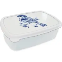 MuchoWow Broodtrommel Wit - Lunchbox Vogel - Delfts blauw - Illustratie - Bloemen - Brooddoos 18x12x6 cm - Brood lunch box - Broodtrommels voor kinderen en volwassenen