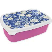 MuchoWow Broodtrommel Roze - Lunchbox Bloemen - Delfts Blauw - Patroon - Tulp - Brooddoos 18x12x6 cm - Brood lunch box - Broodtrommels voor kinderen en volwassenen