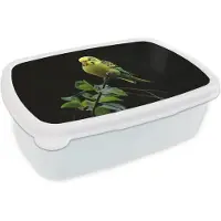 MuchoWow Broodtrommel Wit - Lunchbox Parkiet - Tak - Bladeren - Geel - Brooddoos 18x12x6 cm - Brood lunch box - Broodtrommels voor kinderen en volwassenen