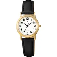 Q&Q C40A-010PY - Horloge - Polshorloge - Analoog - Dames - Vrouwen - Leren band - Rond - Metaal - Cijfers - Zwart - Goudkleurig - Wit