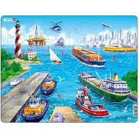 Larsen De haven – Puzzel – Voertuigen & Techniek – Haven en scheepvaart – Educatieve legpuzzel voor kinderen – 35 stukjes – Gemaakt in Noorwegen – Extra dikke 2,5 mm stukjes – Tray met vaste rand