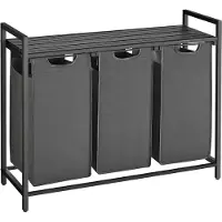 Songmics VASAGLE Wasmand 3 compartimenten, wasverzamelaar met plank, wasbox, Oxford-stof verwijderbaar metalen frame, 3 x 38 L, 92,5 x 33 x 72 cm, zwart-grijs BLH301G01