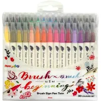 Pentel SESW30C-30 Brush Sign Pen Twin 30 Colour Set Fibre Tip Pens with Two Flexible Tips Water-based Ink Assorted Pack of 30