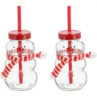 Novaliv 2x bekers glühwein 260 ml Gepersonaliseerde kerstmok met drinkrietje - Sneeuwpop als glühweinmok - Kerstmotief mok met deksel en rietje Kerstmokken handwarmermokken