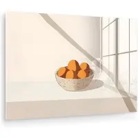 MuchoWow Glasschilderij 30x20 cm - Schilderij acrylglas - Mand - Fruit - Minimalistisch - Oranje - Foto op glas - Muurdecoratie woonkamer - Wanddecoratie slaapkamer - Schilderijen