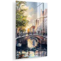 MuchoWow Glasschilderij 20x30 cm - Schilderij acrylglas - Brug - Stad - Huizen - Boot - Foto op glas - Muurdecoratie woonkamer - Wanddecoratie slaapkamer - Schilderijen