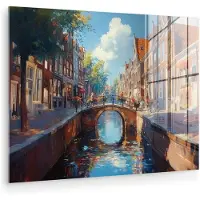 MuchoWow Glasschilderij 120x90 cm - Schilderij acrylglas - Stad - Gracht - Zon - Fietsen - Foto op glas - Muurdecoratie woonkamer - Wanddecoratie slaapkamer - Schilderijen