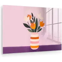MuchoWow Glasschilderij 150x100 cm - Schilderij acrylglas - Tulpen - Vaas - Strepen - Paars - Foto op glas - Muurdecoratie woonkamer - Wanddecoratie slaapkamer - Schilderijen