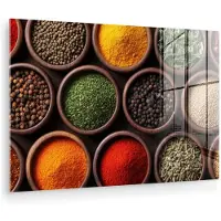MuchoWow Glasschilderij 60x40 cm - Schilderij acrylglas - Bakjes - Hout - Kruiden - Kleurrijk - Foto op glas - Muurdecoratie woonkamer - Wanddecoratie slaapkamer - Schilderijen