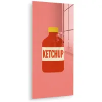 MuchoWow Glasschilderij 40x80 cm - Schilderij acrylglas - Ketchup - Fles - Rood - Minimalistisch - Foto op glas - Muurdecoratie woonkamer - Wanddecoratie slaapkamer - Schilderijen