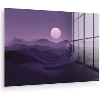 MuchoWow Glasschilderij 120x80 cm - Schilderij acrylglas - Heuvels - Paars - Mist - Zon - Foto op glas - Muurdecoratie woonkamer - Wanddecoratie slaapkamer - Schilderijen