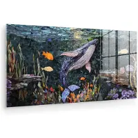 MuchoWow Glasschilderij 120x60 cm - Schilderij acrylglas - Mozaïek - Walvis - Koraal - Water - Foto op glas - Muurdecoratie woonkamer - Wanddecoratie slaapkamer - Schilderijen