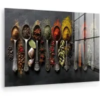 MuchoWow Glasschilderij 60x40 cm - Schilderij acrylglas - Lepels - Specerijen - Kaneel - Chili - Foto op glas - Muurdecoratie woonkamer - Wanddecoratie slaapkamer - Schilderijen