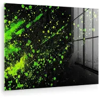 MuchoWow Glasschilderij 80x60 cm - Schilderij acrylglas - Spetters - Groen - Chaotisch - Groen - Foto op glas - Muurdecoratie woonkamer - Wanddecoratie slaapkamer - Schilderijen