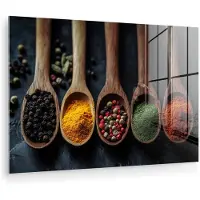 MuchoWow Glasschilderij 30x20 cm - Schilderij acrylglas - Houten - Lepels - Specerijen - Kruiden - Foto op glas - Muurdecoratie woonkamer - Wanddecoratie slaapkamer - Schilderijen