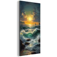 MuchoWow Aluminium schilderij 40x80 cm - Wanddecoratie metaal - Zee - Zon - Golven - Rotsen - Metalen muurdecoratie woonkamer - Decoratie industrieel - Foto op dibond - Industriële accessoires slaapkamer