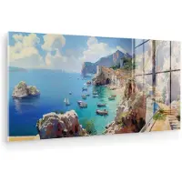MuchoWow Glasschilderij 40x20 cm - Schilderij acrylglas - Kustdorp - Schilderij - Rotsen - Boten - Foto op glas - Muurdecoratie woonkamer - Wanddecoratie slaapkamer - Schilderijen