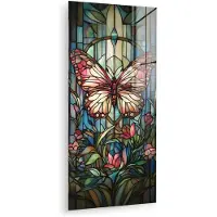 MuchoWow Glasschilderij 60x120 cm - Schilderij acrylglas - Vlinder - Roze - Bloemen - Bladeren - Foto op glas - Muurdecoratie woonkamer - Wanddecoratie slaapkamer - Schilderijen