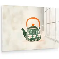MuchoWow Glasschilderij 150x100 cm - Schilderij acrylglas - Theepot - Groen - Bloemen - Oranje - Foto op glas - Muurdecoratie woonkamer - Wanddecoratie slaapkamer - Schilderijen