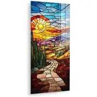 MuchoWow Glasschilderij 80x160 cm - Schilderij acrylglas - Mozaïek - Zon - Landschap - Dorp - Foto op glas - Muurdecoratie woonkamer - Wanddecoratie slaapkamer - Schilderijen