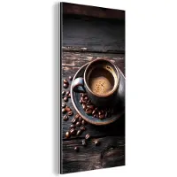 MuchoWow Aluminium schilderij 40x80 cm - Wanddecoratie metaal - Kop - Koffie - Hout - Bonen - Metalen muurdecoratie woonkamer - Decoratie industrieel - Foto op dibond - Industriële accessoires slaapkamer