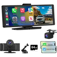 Junsun Smart HD-navigatiesysteem - 10,26 inch touchscreen - Draadloze CarPlay & Android Auto autoradio met 4K/1080P dubbele dashcam, BT 5.0, GPS, FM-RDS, USB-snelladen 5V/3A, AUX-kabel, 64 GB SD-kaart