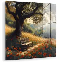 MuchoWow Glasschilderij 20x20 cm - Schilderij acrylglas - Bankje - Boom - Klaprozen - Heuvels - Foto op glas - Muurdecoratie woonkamer - Wanddecoratie slaapkamer - Schilderijen