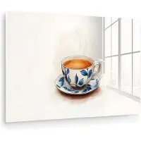 MuchoWow Glasschilderij 60x40 cm - Schilderij acrylglas - Theekop - Bladeren - Blauw - Foto op glas - Muurdecoratie woonkamer - Wanddecoratie slaapkamer - Schilderijen